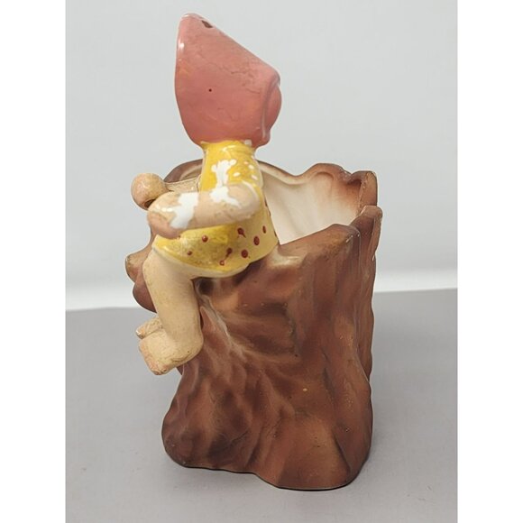 Vintage Enesco Girl Figurine‎ Ceramic Planter With Tree Stump Design - Picture 2 of 13
